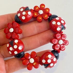 Red Ladybug Flower Chunky Stretch Bracelet Black Polka Dot Novelty Jewelry